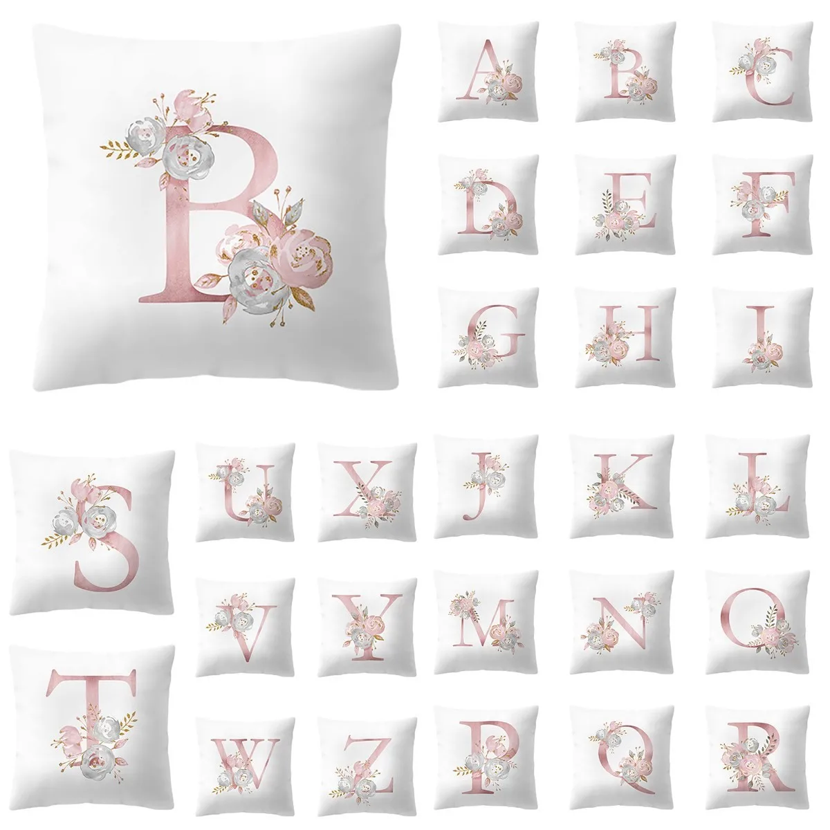 45X45 Pink A,B,C,D,E,F,G,H,I Letter Flower Printed Sofa Cushion Pillows Peach Skin Hand Pillowcases Home Decor Covers Cushion