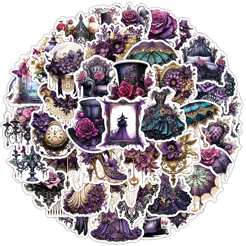 50PCS Gothic Dark Purple Rose Aufkleber Vintage Coole Gothic Aufkleber Wasserdichte Vinyl Aufkleber Wasserflasche Scrapbooking Journaling
