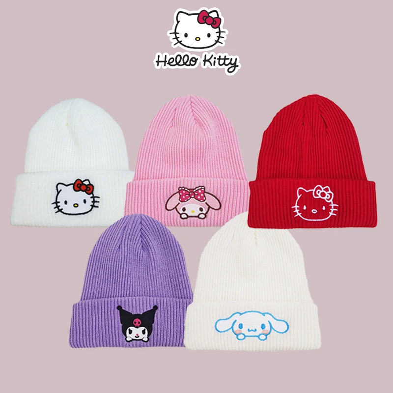 Saniro Hello Kitty Knitted Hat Women Anime Cute Cartoon Cinnamoroll Melody Kuromi Children Winter Warm Knitted Cap