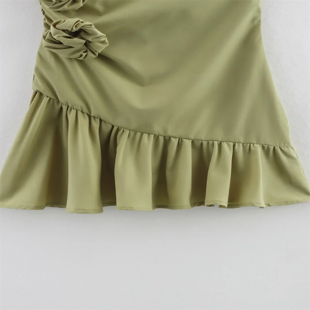 Nueva ropa de mujer estilo europeo y americano vestido sin tirantes de flores tridimensionales verdes simples a la moda