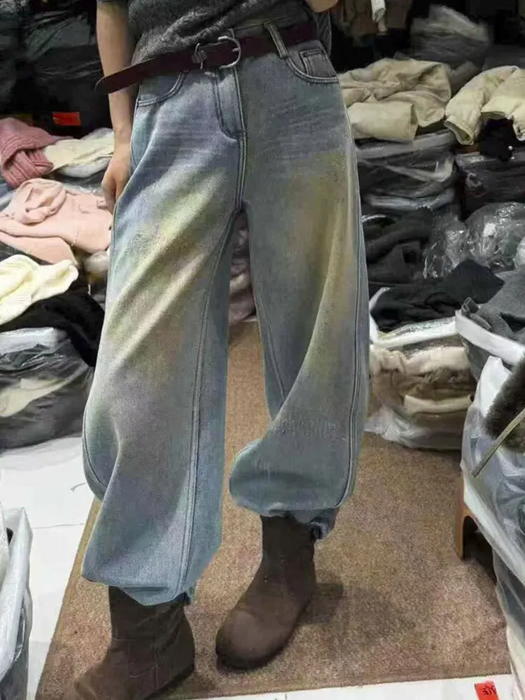 

Джинсовые брюки свободного кроя с высокой талией Thiened Cosite Fce No Stretch Knife, женские зимние теплые широкие брюки