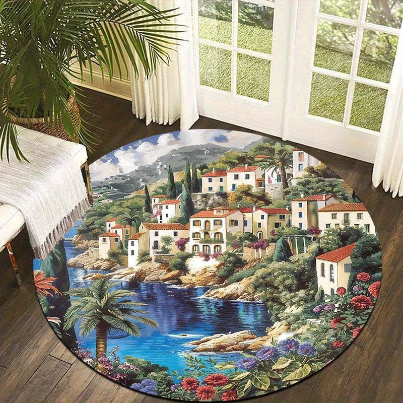 Mediterranean Town Flannel-printed round floor mats are slip-resistant Suitable for living room bedroom terrace garden carpets