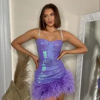 New Women's Sexy Fitted One-step Dress Artificial Fur Belt Purple Sequins Tank Dress Sleeveless Style For All Seasons