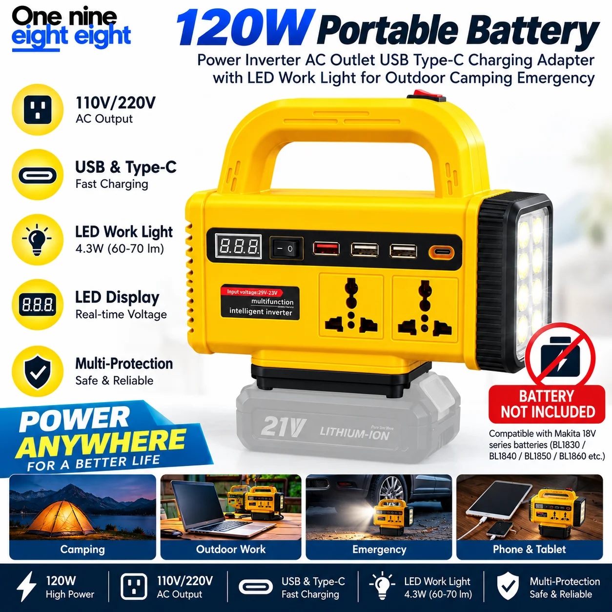 120W Portable Battery Power Inverter AC Outlet USB Type-C Charging Adapter with LED Work Light for Outdoor Camping Emergency