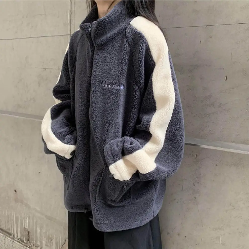 Winter Women Coat Thick Stand Collar Long Sleeves Pocket Outerwear Embroidery Zip-up Colorblock Fleece Loose Sport Casual Jacket