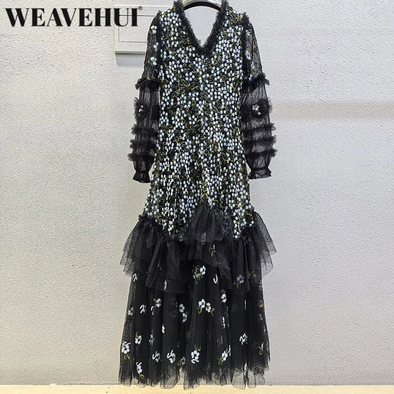 WEAVEHUI Autumn Position Sequins Mesh Dress for Women V-neck Lantern Sleeve Ruffles Vintage Party Big pendulum Maxi Dresses