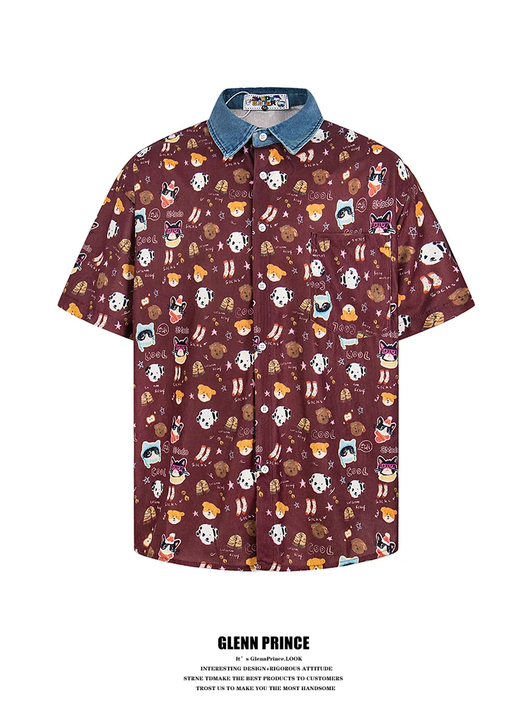 

GPstudio American Retro Cartoon Print Design Patchwork Short Sleeve Men's Shirt Summer Trendy Brand Top Loose Fit Polyester C...