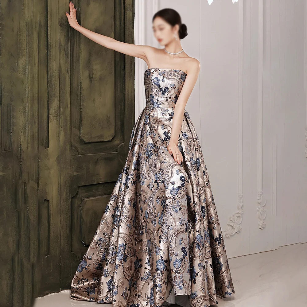 

Strapless Exquisite Evening Dresses Formal Party Prom Gowns Floor-Length A-Line Embroidery Evening Prom Dresses Customized