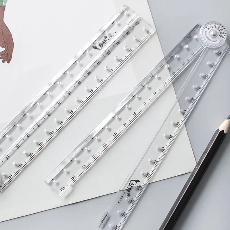 30cm Acrylic Transparent Folding Ruler Students Stationery Drawing Measuring Tools Straight Rulers With Small Protractor линейка