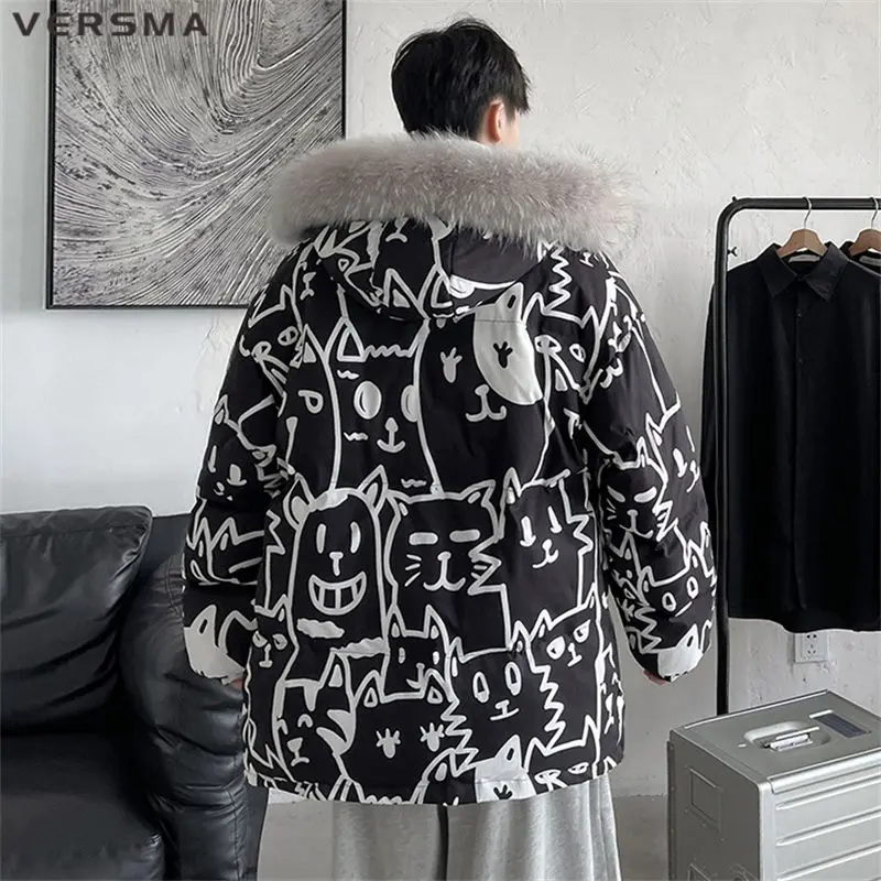 VERSMA Korean Trendy Chic Cartoon Cat Print Parka Men Jacket Coat Winter Oversized Fur Collar Cotton Padded Unisex Parkas Women