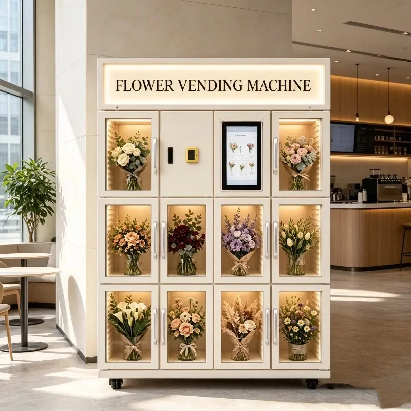 Refrigerated Flower Vending Machine Auto Close Door  Defog Glass Free Light Box Coin Bill Bank Card Payment for Bouquet Sale