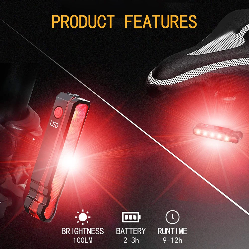 Multi-functional Bike Red Taillight  USB Rechargeable Back Seat Safety Warning Light LED Cycling Rear Lamp