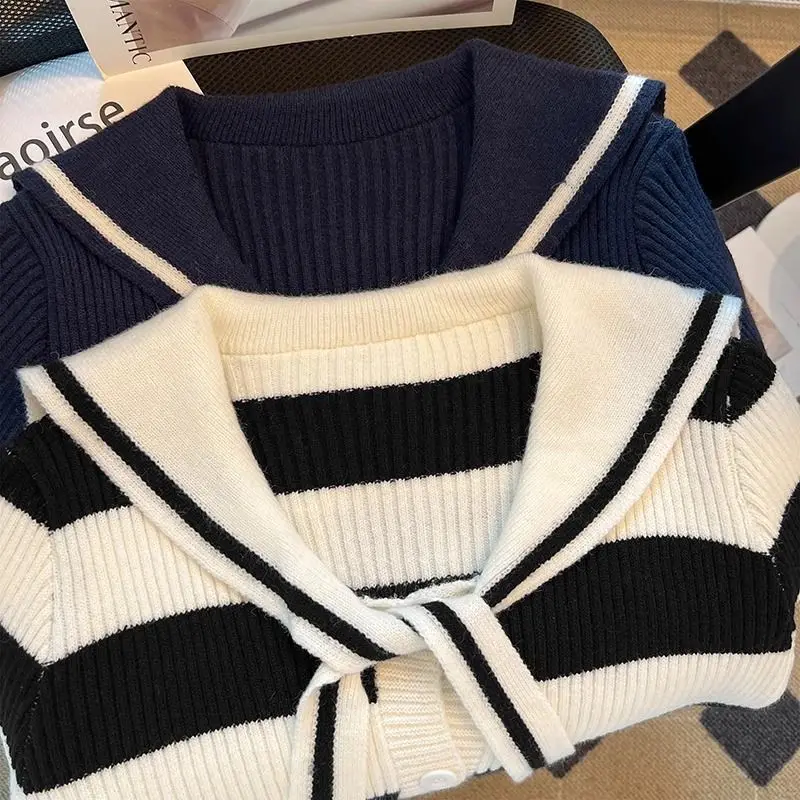 여성 봄 가을 프레피 스타일 스웨터 카디건 2025 신사 숙녀 패션 선원 칼라 니트 코트 긴 소매 니트 여성