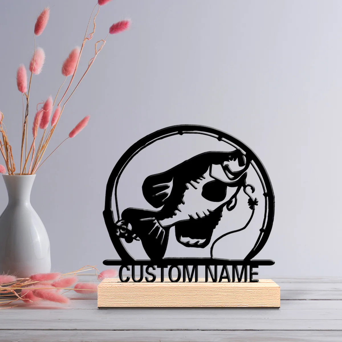 1pc Retro Personalized Custom fishing Metal Statues Rustic Wooden Base Desk Decor Ideal for Nature Enthusiasts Cabin Lodge Gifts