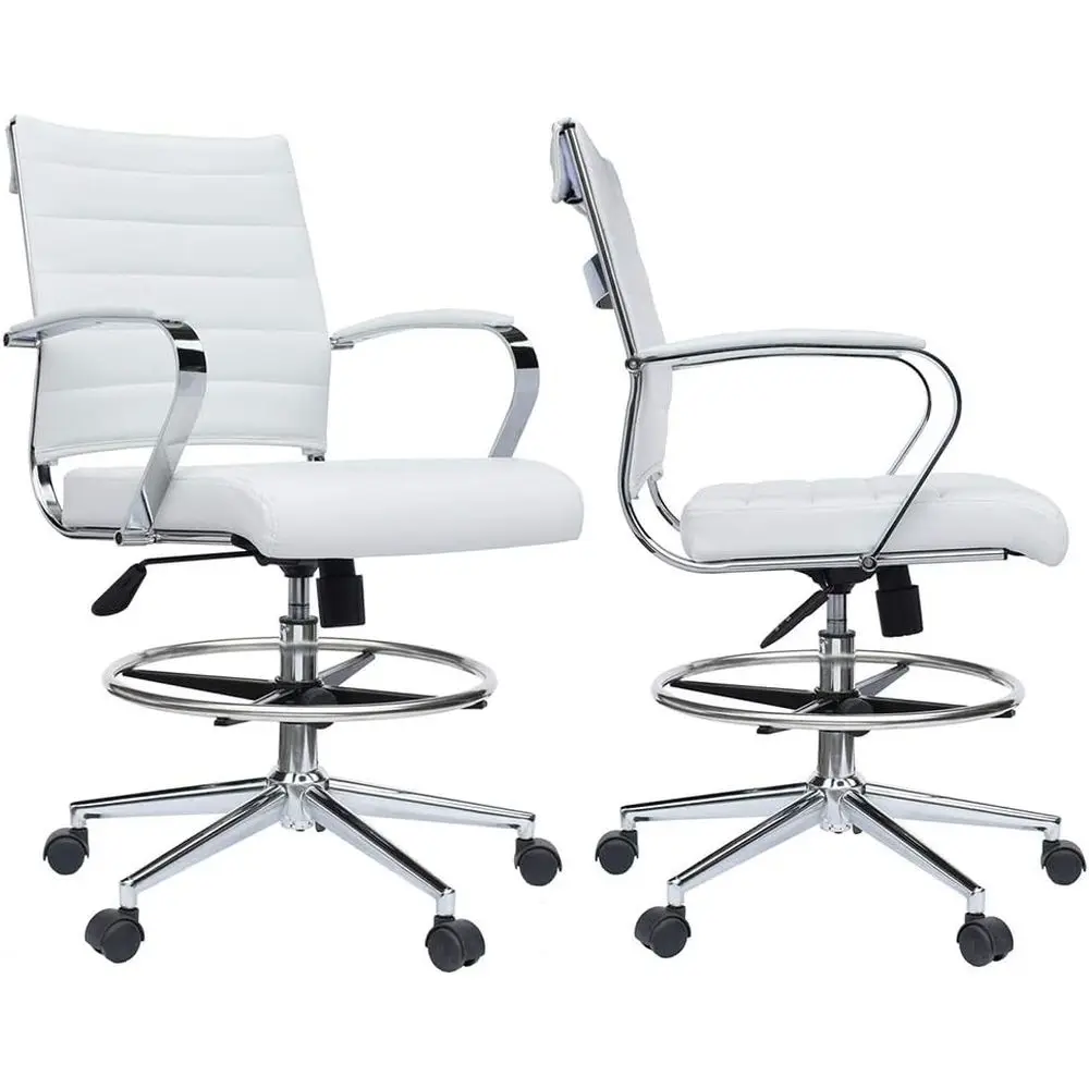 

Эргономичное кресло из ребристой искусственной кожи с регулируемым основанием, подставкой для ног и поворотными подлокотниками (белое)