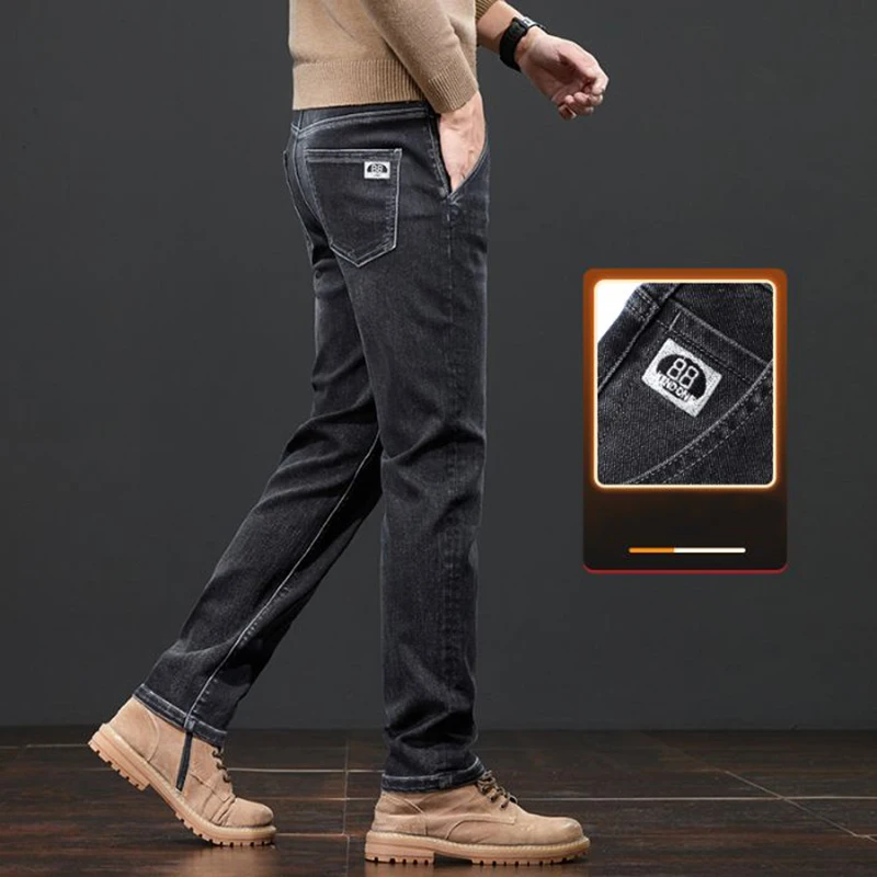 Mannen Herfst Winter Business Casual Geborduurde Jeans Mannelijke Slim Fit Stretch Denim Broek Met Rechte Pijpen Mode Haze Blauwe Broek