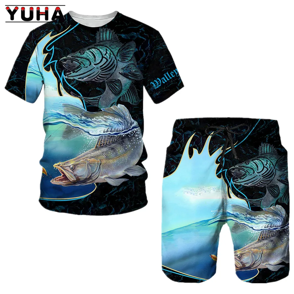 YUHA Fishing Custom 3D Printed Mens Unisex Cool Summer T Shirts Short Sleeve Casual T Shirts Hot Two Suit