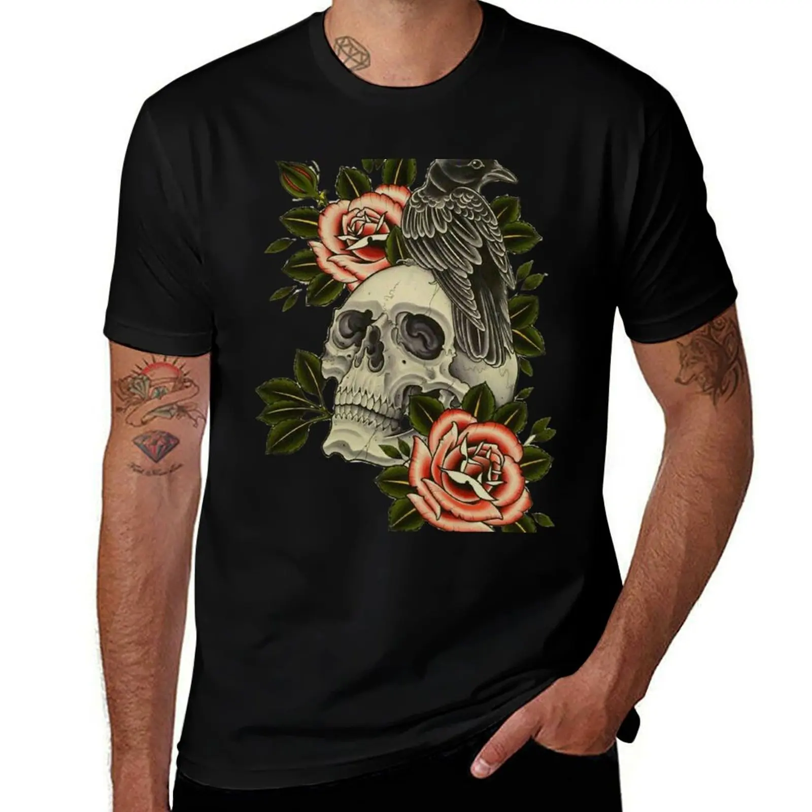 

Gothic Skull, Roses And Crow T-Shirt Summer Festival T-Shirt