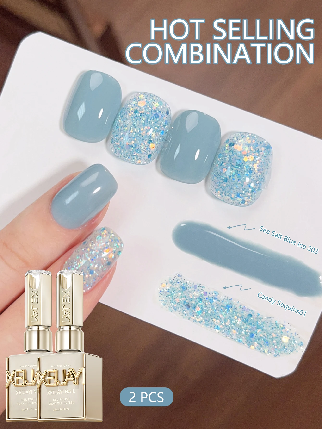 XEIJAYI 2 peças 15ml conjunto de esmalte em gel azul, gel de imersão UV LED, semi-permanente, gel de arte em unhas de qualidade para salão de beleza D