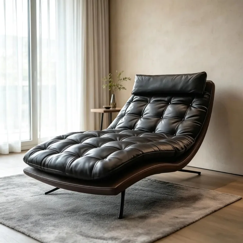 Black Tufted Leather Lounge Chair Curved Frame Single Lounge Chair