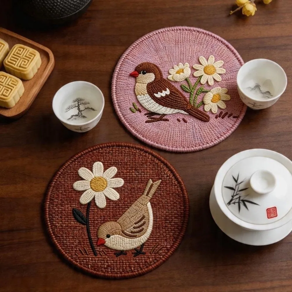 Flower and Bird Print Round Coaster Anti Slip Heat Resistant Pot Holder Imitation Weaving Heat Insulating Trivets Dining Table