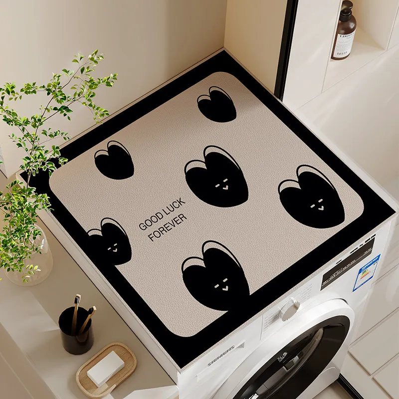 VIKAMA Black Heart Face Washing Machine Cover Mat Beige Base Good Luck Text Print Waterproof Anti Dust Dryer Cabinet Pad