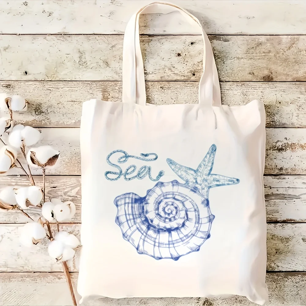 2D Flat Printing 1pc, Ocean-Themed Canvas Tote Bag - Seashell& Starfish Print, High-Quality Reusable Shoulder Handbag for Travel