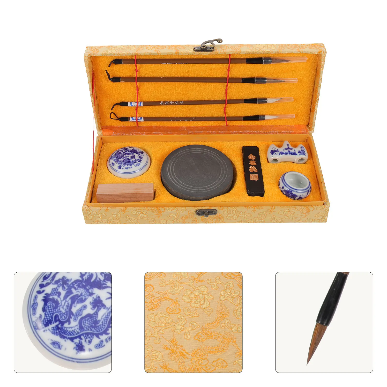 

1Set Chinese Ink Stone Calligraphy Supplies Portable Writing Brush Durable Ink Stick for Students Artists Beginners