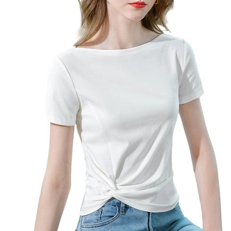 Free shipping Women Cotton T-shirt High collar  Solid color Lady Tees Short Sleeve Women's clothing All match Female T-shirts