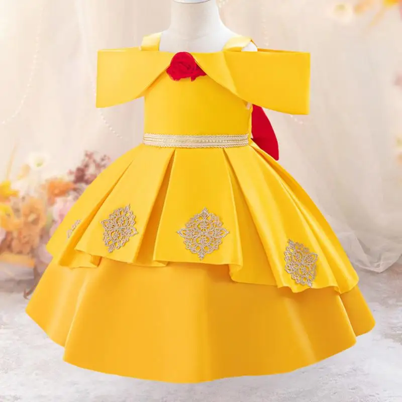 Girl's Off The Shoulder Sticker Yellow Big Bow Princess Dress Children's Halloween Festival Party Evening Dress for 0-3 Years