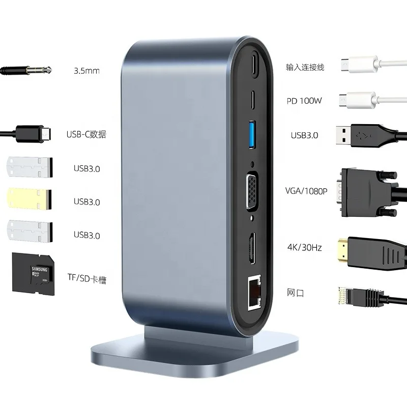 12 in 1 USB C Hub 4K HDMI RJ45 VGA, 4 USB 3.0 Ports PD Power Adapter Docking Station for Laptop MacBook Desktop