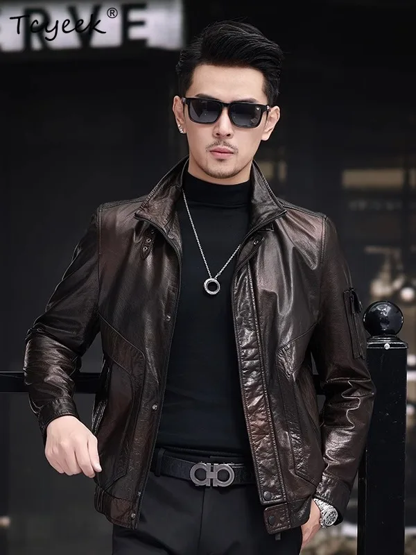 Tcyeek Real Cowskin Spring Autumn High End Trendy Casual Black Short Men's Genuine Leather Jacket Куртка Кожаная Мужская 가죽 자켓