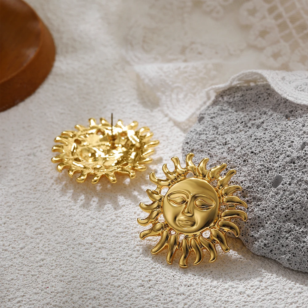 Abstract Waterproof Stainless Steel Sun Face Celestial Earrings for Women Elegant Glossy 18K Gold Plated Statement Jewelry Gifts