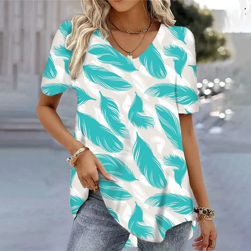 Trendy Feather 3d Printed T-shirts Summer V-neck Tops Short Sleeves Fashion Loose Tees Shirt For Ladies Hot Sales Clothes S-5XL