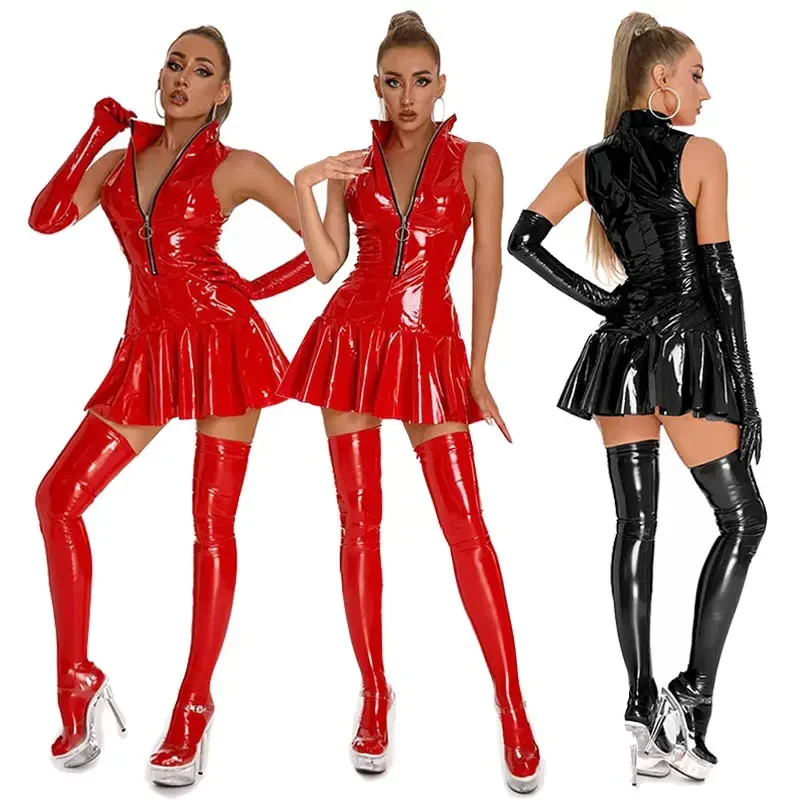 Female Red Glossy Leather Sheath Umbrella Dress Erotic Shiny Latex Bodycon Zipper Wetlook PU Pleated Dress Pluse Size Sexi