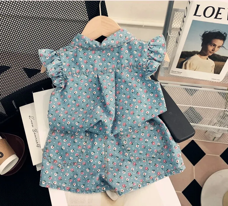 2023 summer girls Floral Printing denim  suits baby girl fashion Sleeveless  top Shirts+ shorts two-piece clothing sets