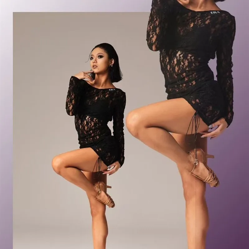 

Кружевная толстовка с длинным рукавом по индивидуальному заказу, короткий топ на шнурке для латинских танцев, свободный перспективный сексуальный профессиональный тренировочный наряд