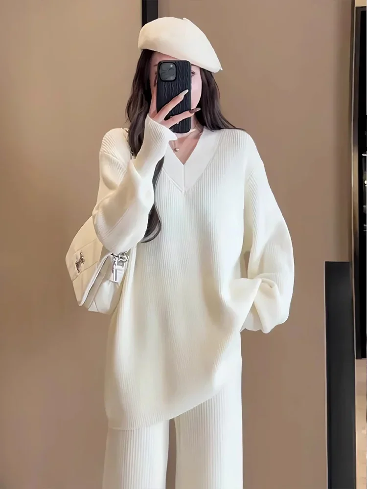 Lazy Wind Knitted Sweater Set Women\'s Autumn and Winter New Korean Version Loose High-quality Wide-leg Pants Two-piece Set Thick