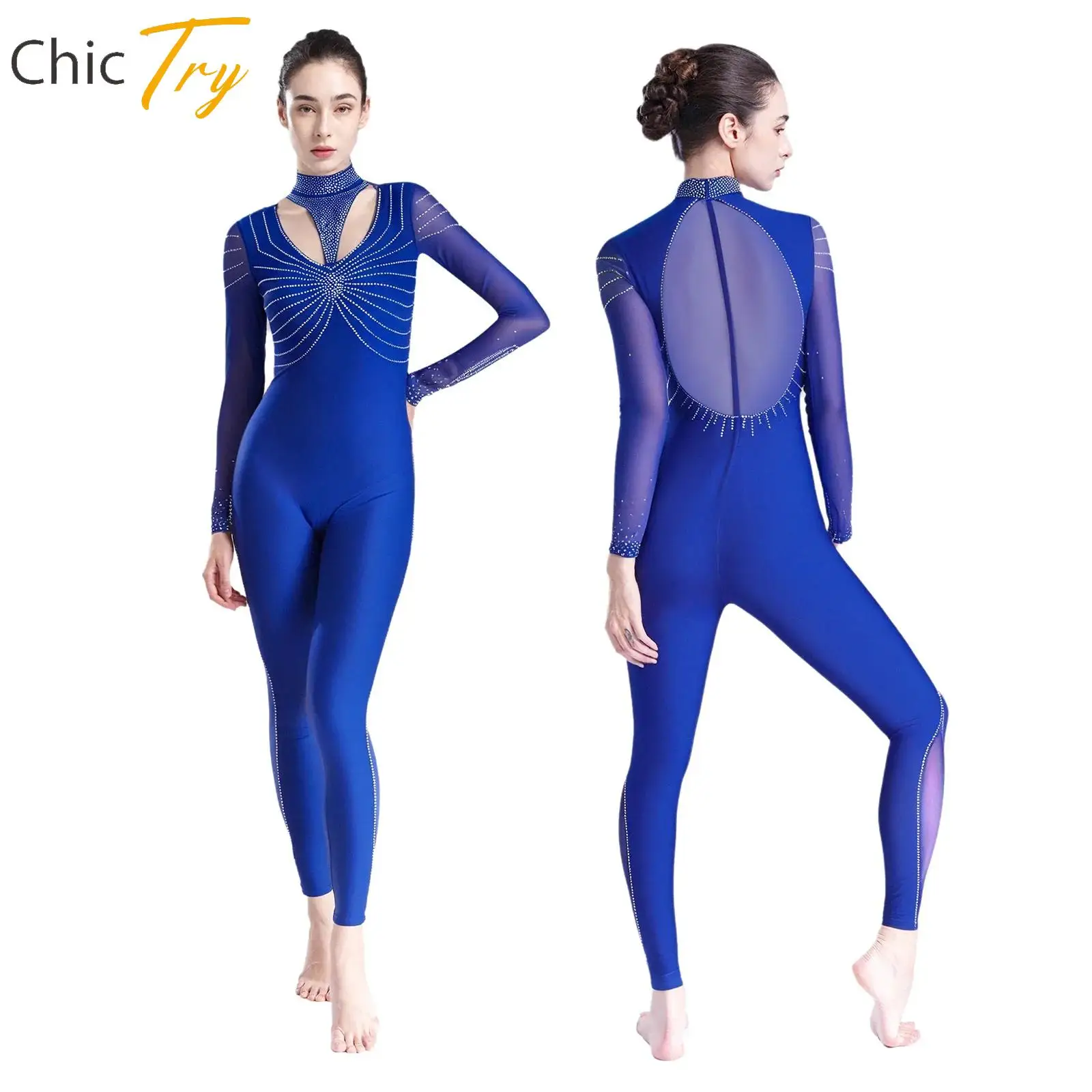

Womens Shiny Rhinestones Gymnastics Jumpsuit Ballet Figure Ice Skating Costume Long Sleeve Rompers Spandex Bodysuit Dancewear