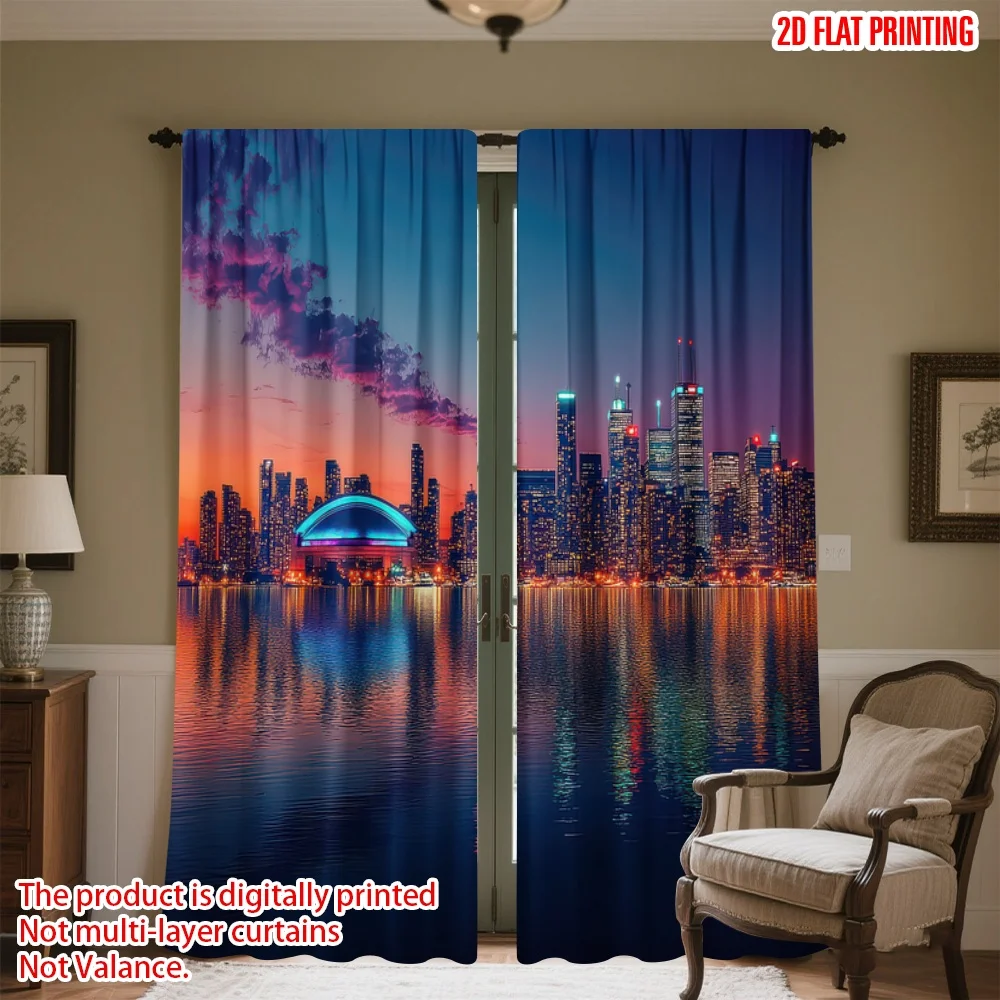 

2D flat printing 2pcs Window Curtains Colorful Urban Skyline Digital Printed Polyester Drapes Family Party Decoration Use for