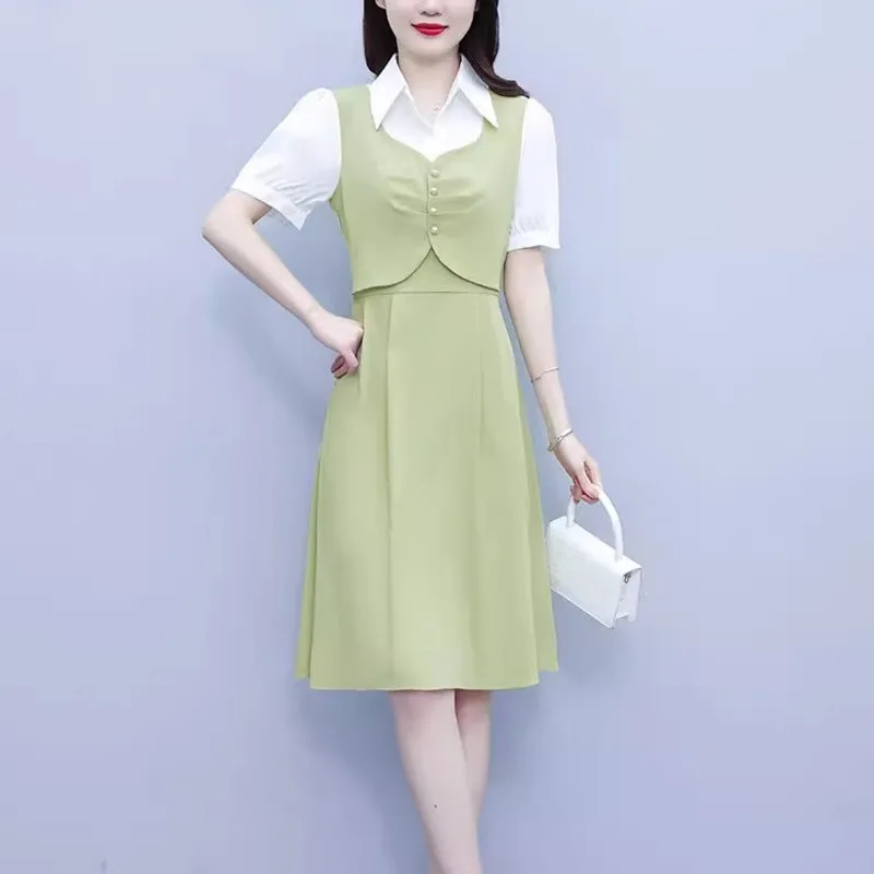 #7964 False Two Piece Shirt Dress Women Split Joint High Waisted Office A-line Dress Short Sleeve Elegant France Style Summer