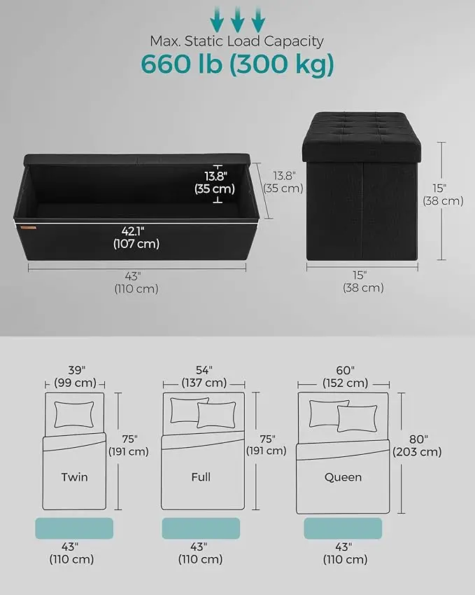 SONGMICS Storage Ottoman, Foldable Storage Bench, Flipping Lid, 300 kg Load Capacity, for Hallway, Living Room, Bedroom