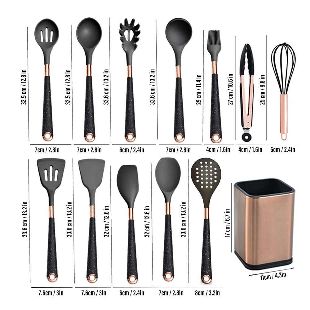 Silicone Cooking Utensils Set Kitchen Heat Resistant Rose Gold-Plated Handle Non-Stick Spatula, Spoon, Quality Gift, 5-13 Pcs