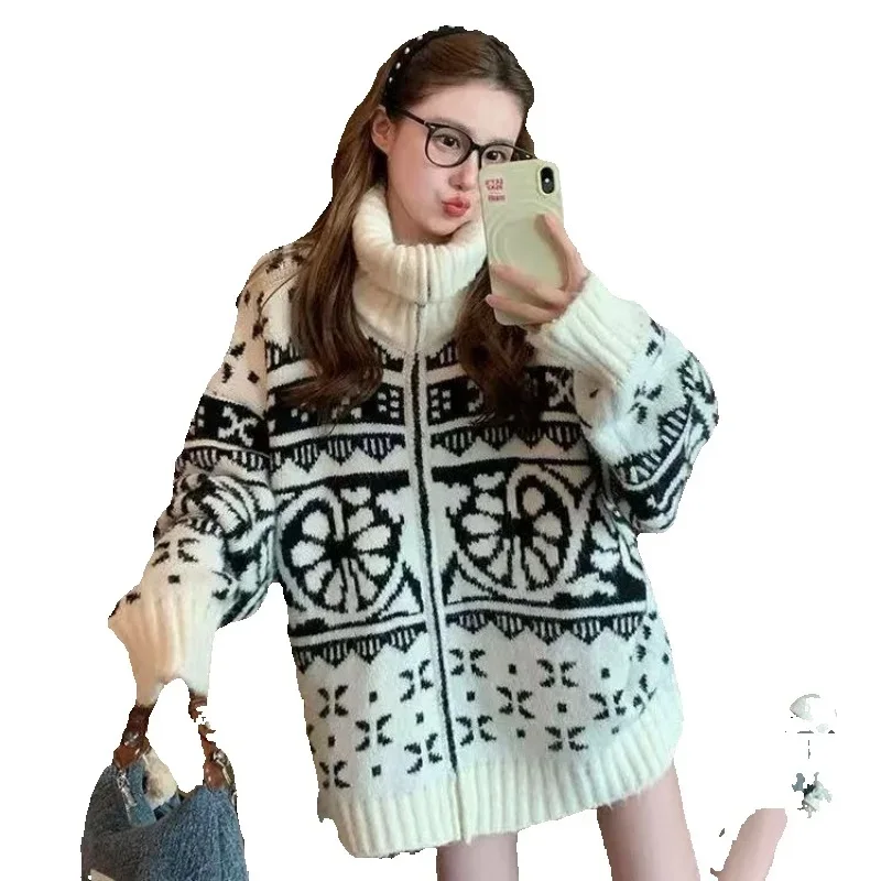 

Осень-зима, свободный свитер, пальто, женское пальто, новинка 2025, модный повседневный кардиган на молнии, трикотаж, утепленная винтажная верхняя одежда, женская