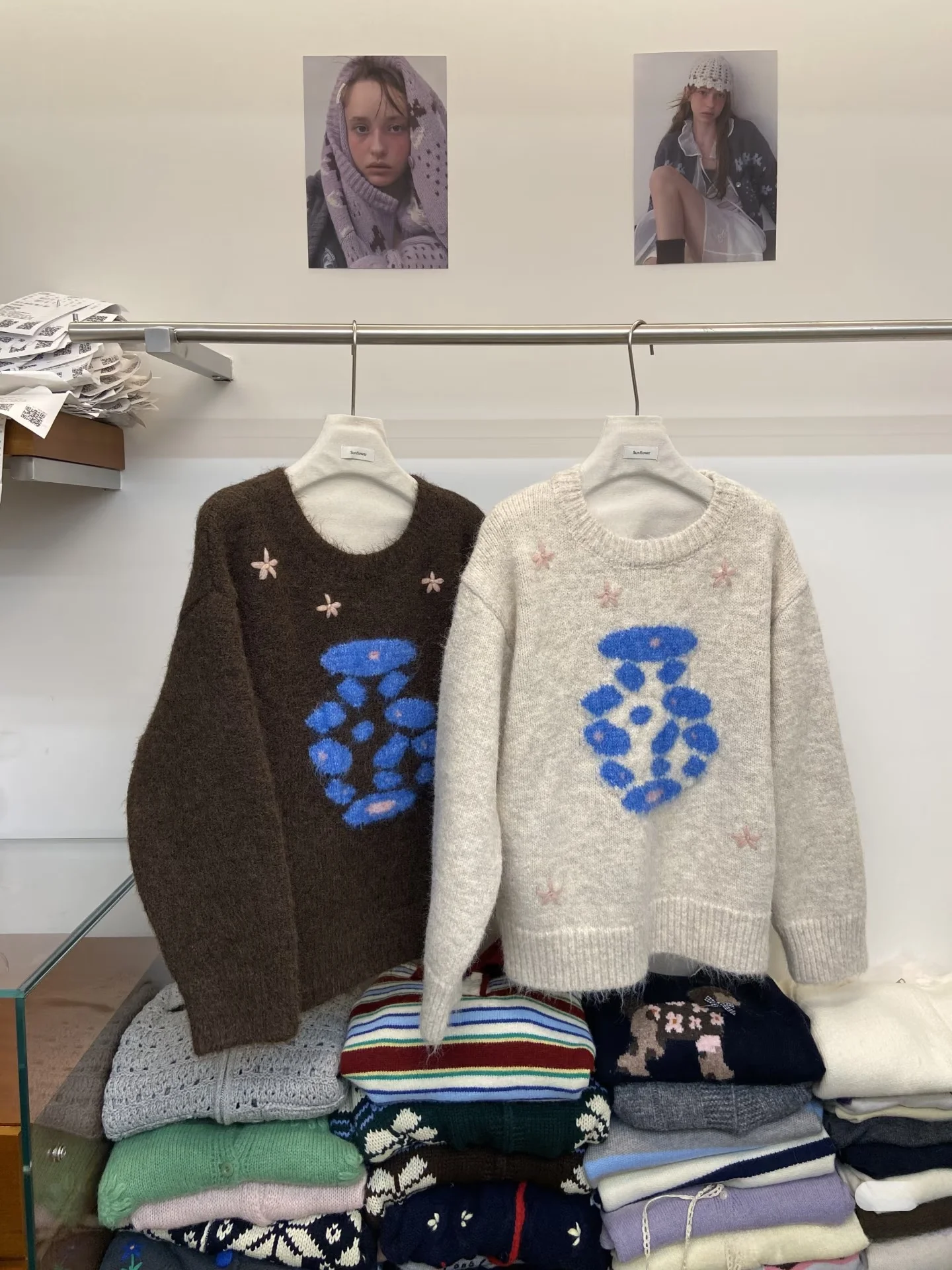 Handmade Soft Cozy Overhead Sweater Dongdaemun Luy Bottle Pattern Knitted Long Sve Plant Floral Warmth Daily Wear for Women