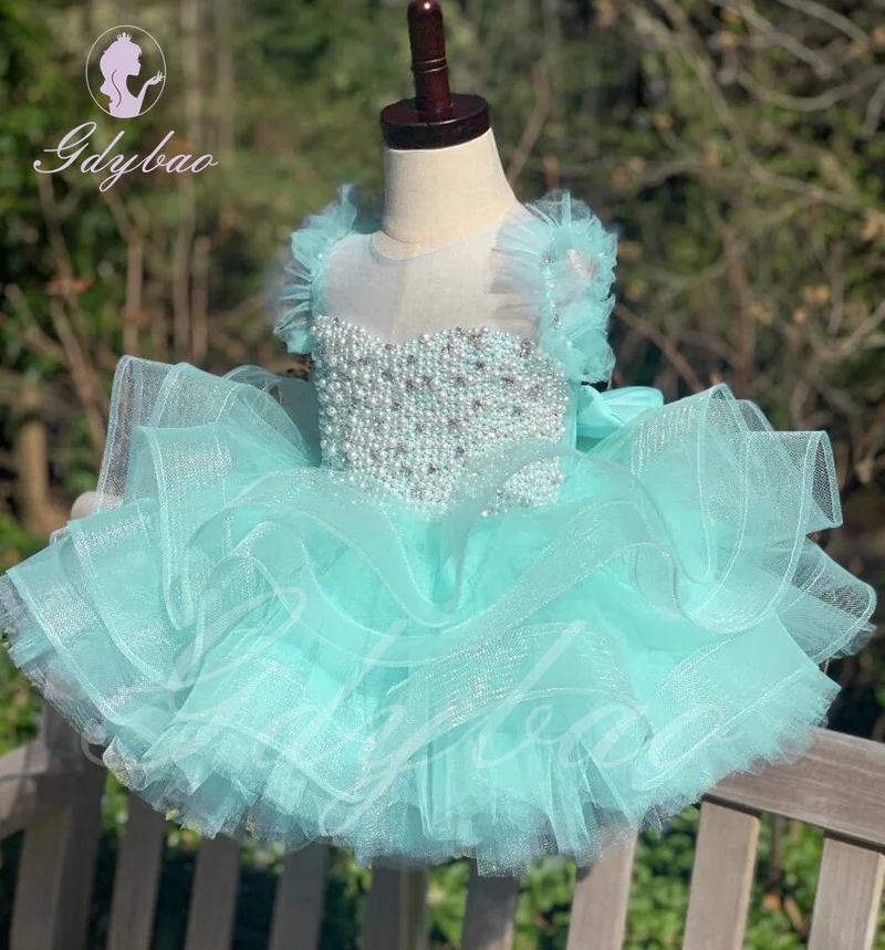 Vestido de niña de flores con perlas azul cielo para boda, volantes, hinchados hasta la rodilla con lazo, desfile de princesa, elegante vestido de baile de cumpleaños para niños