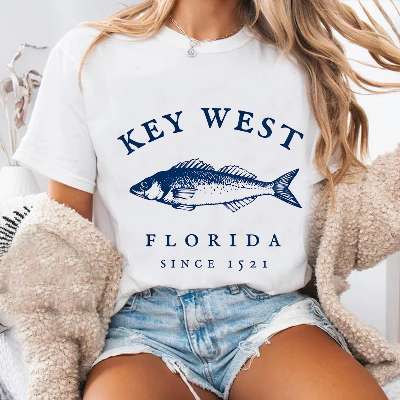 Key West Florida Vintage Fish Graphic Print T-Shirt Men Women Coastal Beach Florida Vacation Casual Tee Summer Short Sleeve