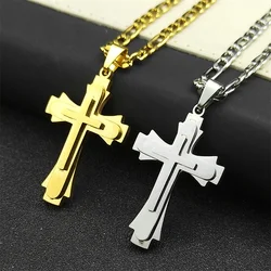 Hip Hop Christian Jesus Cross Necklace for Women Men Stainless Steel Silver Color Choker Prayer Baptism Gift Jewelry 8225-QKC