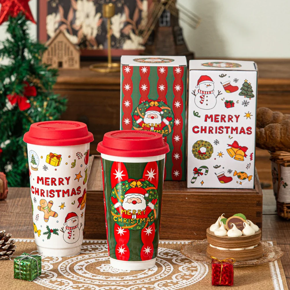 Christmas Ceramic Mug Coffee Cup with Silicone Lid and Gift Box Latte Mug Here Comes Santa Claus Gifts for Kids Mom Lovers 580ml