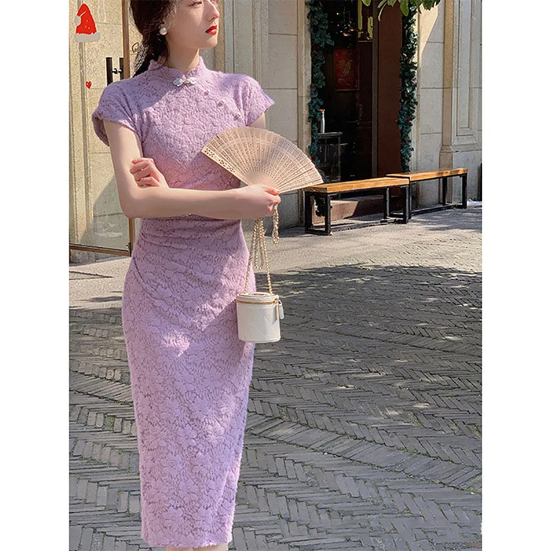 Women Purple Lace Cheongsam Dress Vintage Elegant Chinese Traditional Short Sleeve Dresses Light Ripe Style Qipao S To XXL